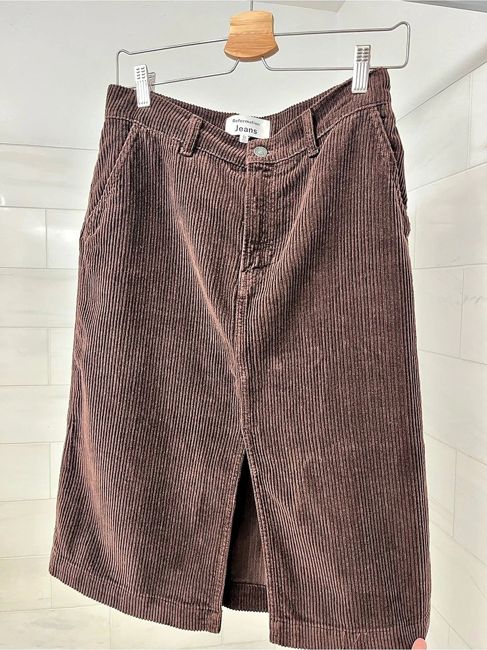 Reformation Lila Corduroy Midi Skirt in Brown